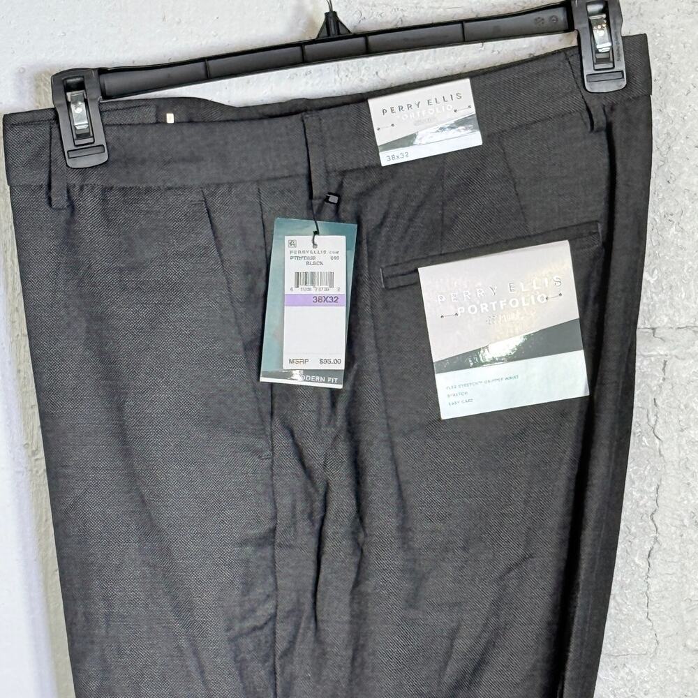 Perry Ellis Portfolio Mens Modern-Fit Dress Pant Black Birdseye 38x32 $95